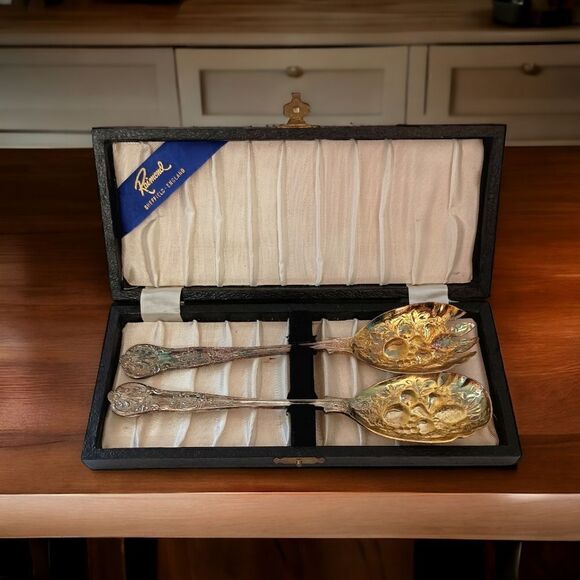 Raimond Sheffield England Serving Salad Spoon Fork Silver Plate Kings Fruit Vtg. - Picture 16 of 16